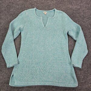 L.L. Bean Heavy Knit Tunic Top Split Neck Sweater Womens Medium Blue Pullover‎